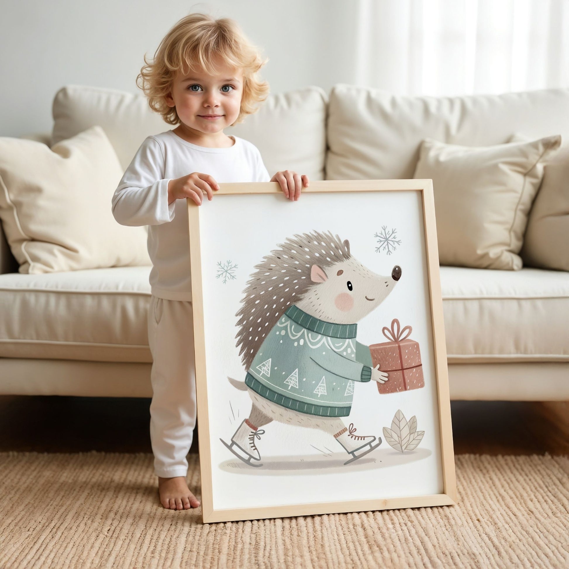 små julevenner – pinnsvin på skøyter med gave. illustrasjon viser et barn som holder plakaten i eik ramme