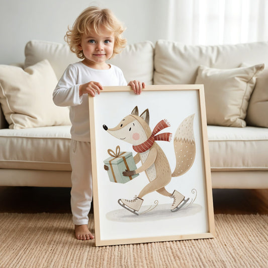 små julevenner – rev med rødt skjerf og gave. illustrasjon viser et barn som holder plakat med eik ramme