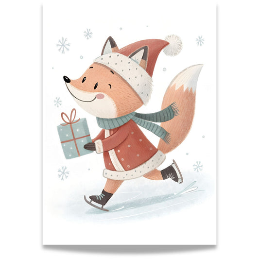 små julevenner – rev i nissedrakt og grønt skjerf med gave