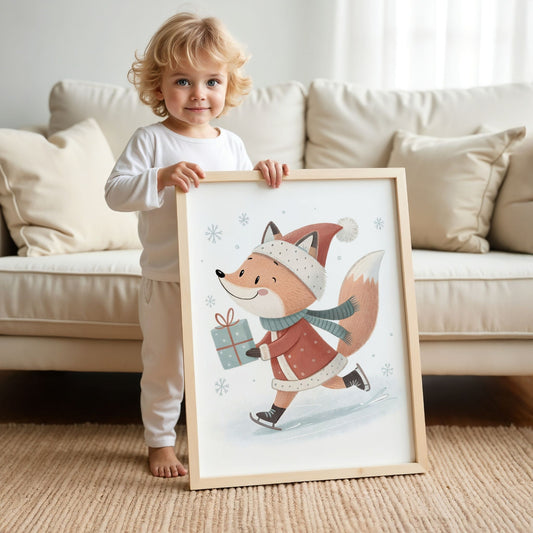 små julevenner – rev i nissedrakt og grønt skjerf med gave. illustrasjon viser et barn som holder plakat med eik ramme