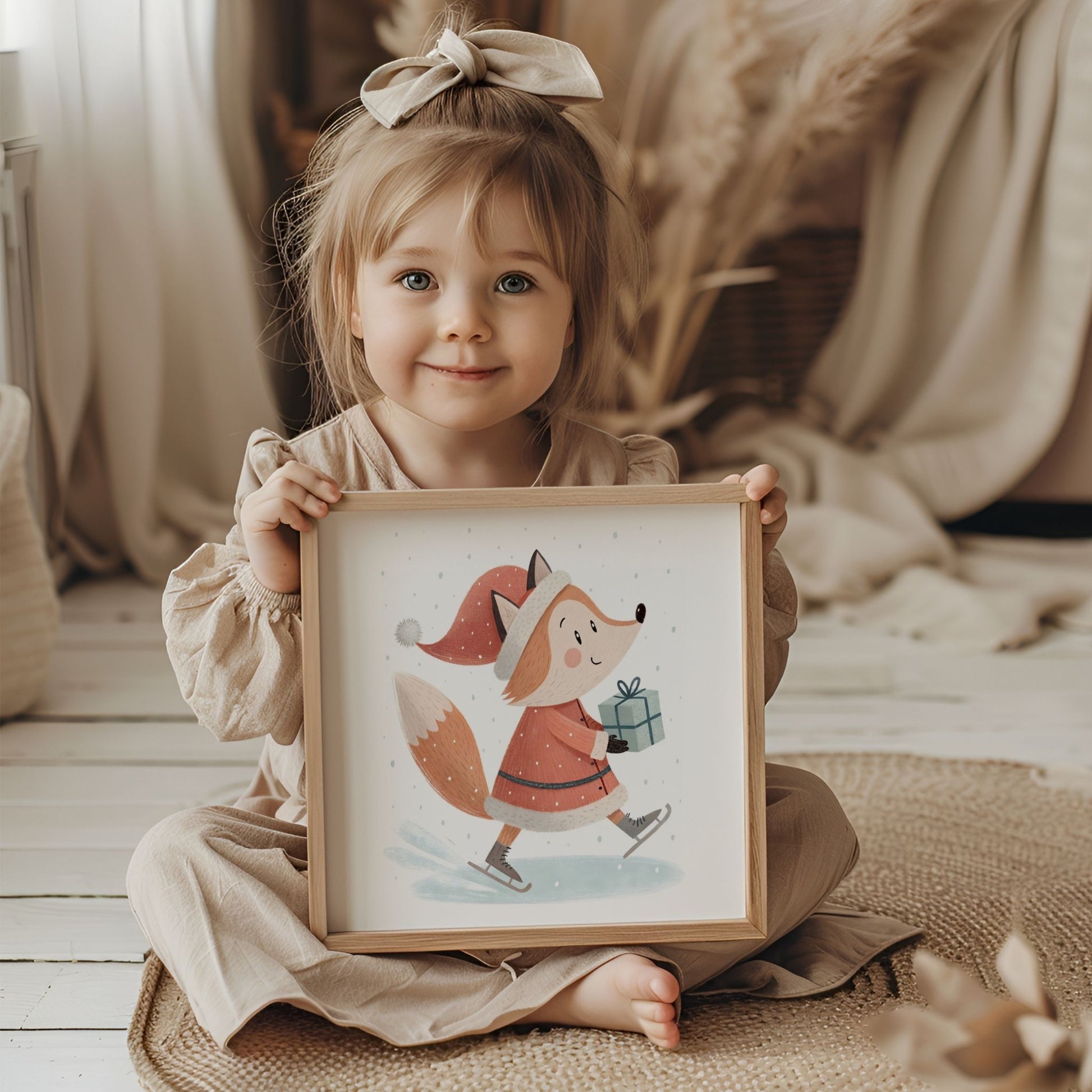 små julevenner – rev på skøyter med blå gave. illustrasjon viser en jente som holder plakat i eik ramme