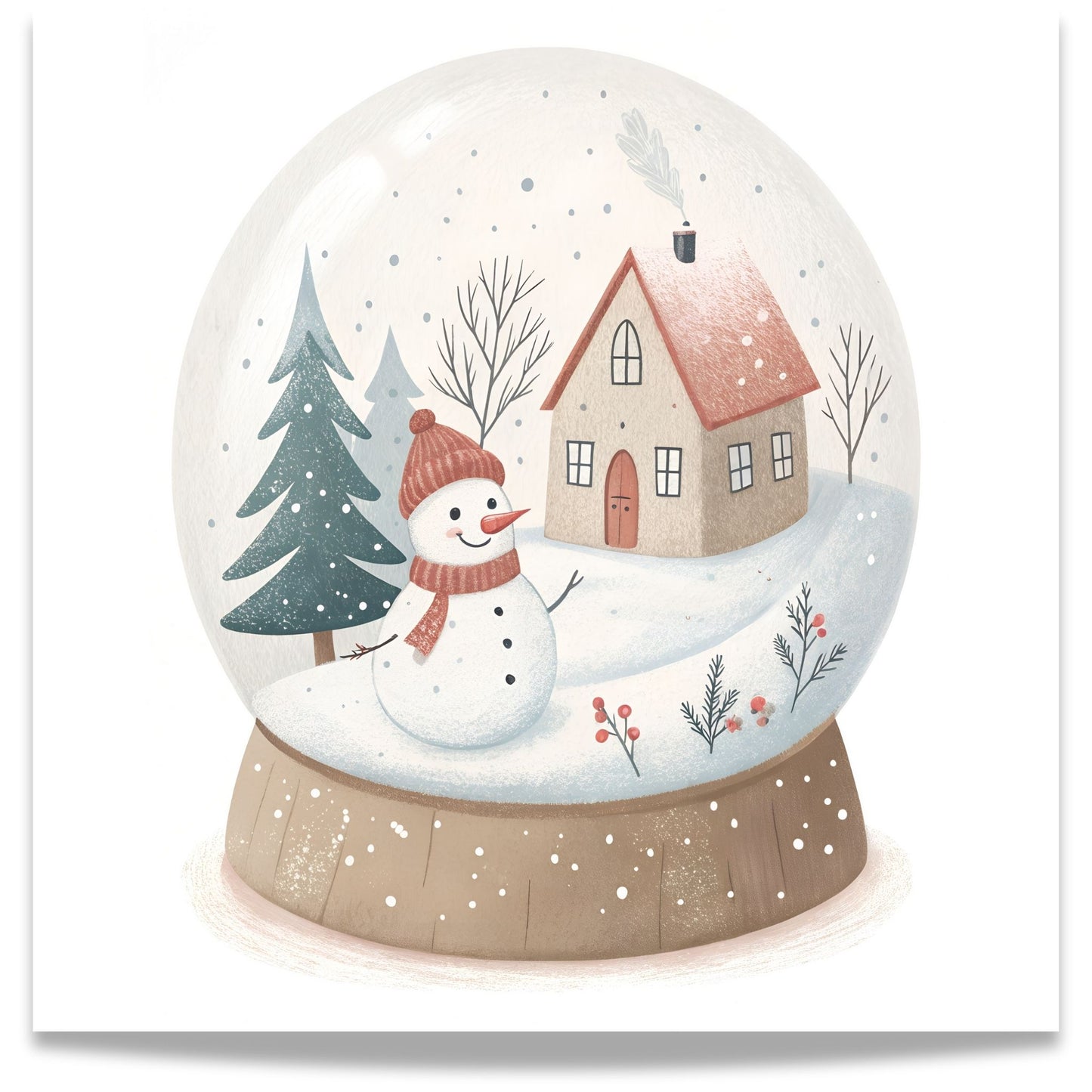 små julevenner – snøkule med snømann og hus i vinterlandskap