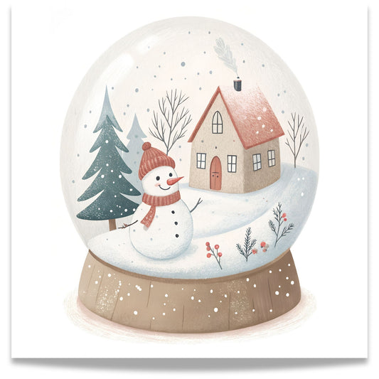 små julevenner – snøkule med snømann og hus i vinterlandskap