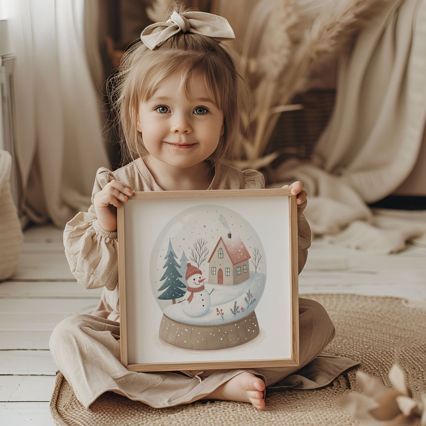 små julevenner – snøkule med snømann og hus i vinterlandskap. illustrasjon viser et barn som holder plakaten i en ramme