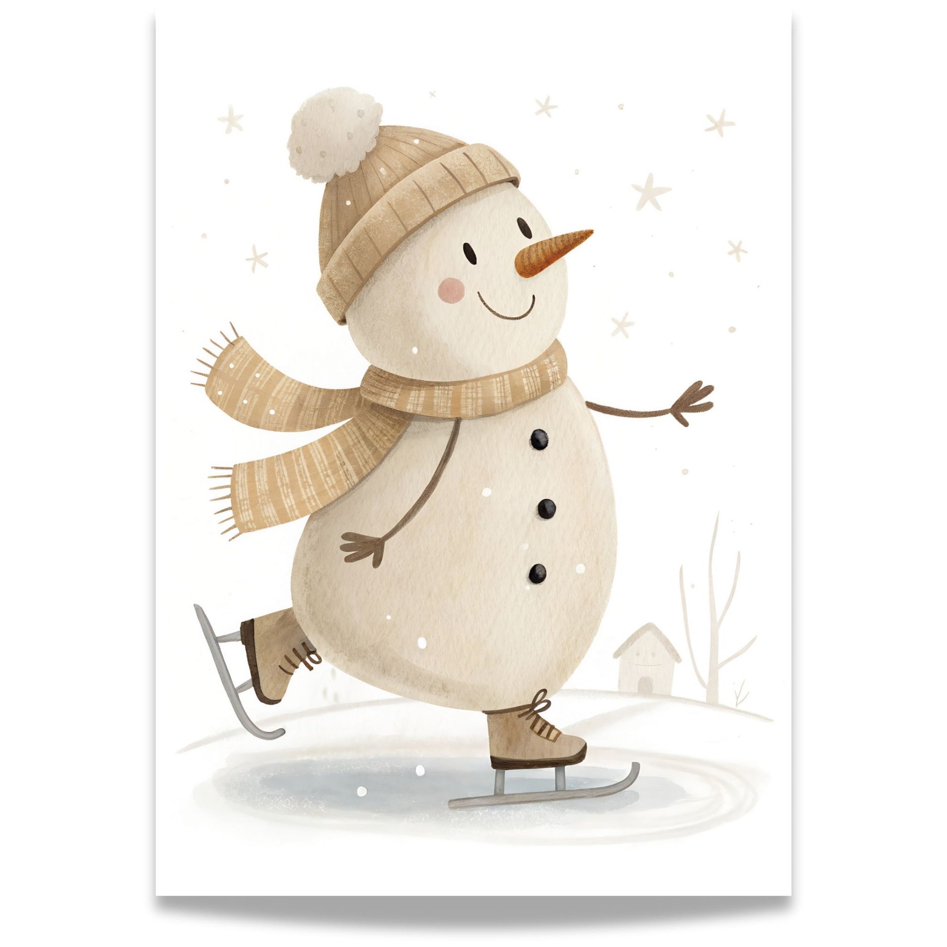 små julevenner – snømann på skøyter med gul lue og skjerf