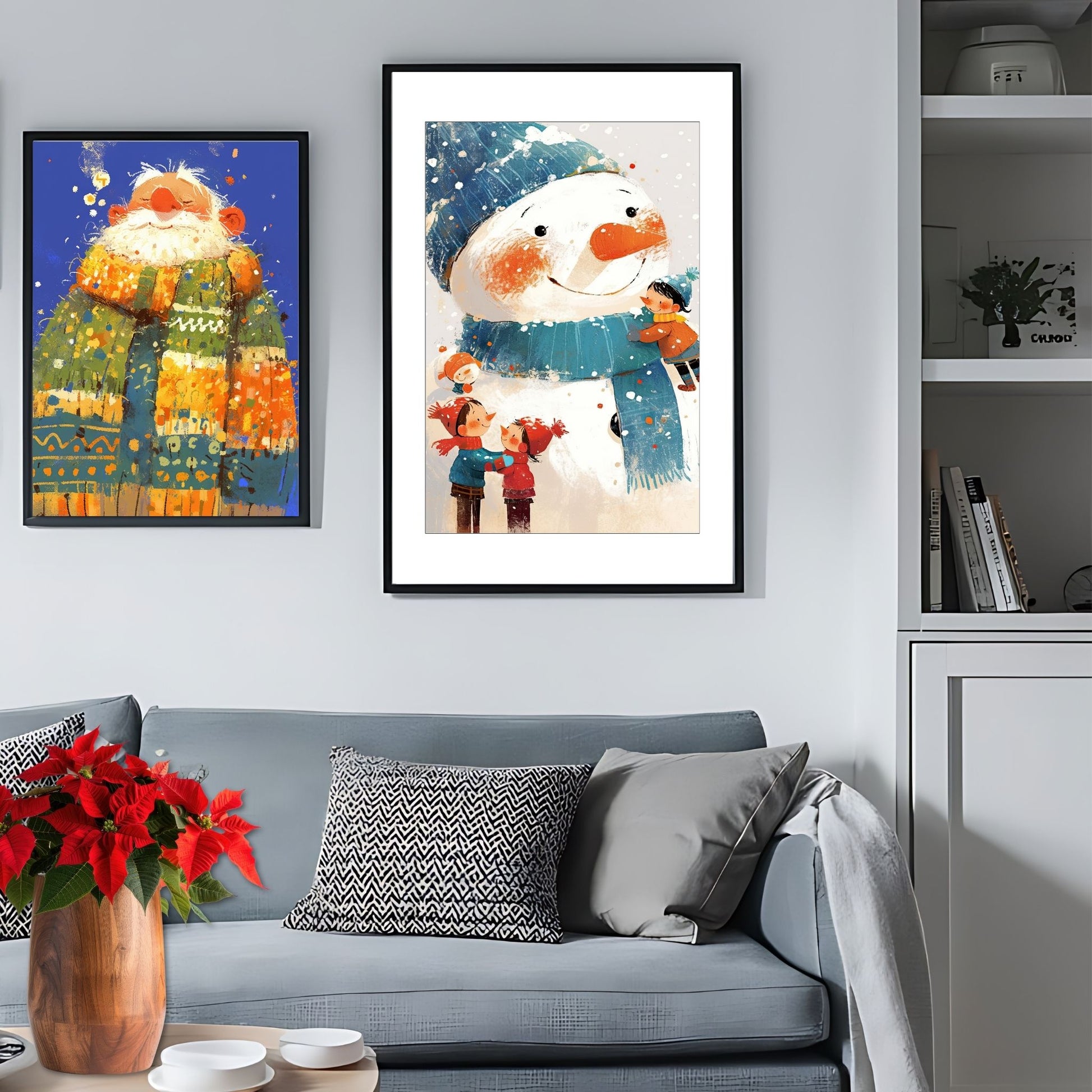  Denne sjarmerende illustrasjonen viser et koselig vinterøyeblikk der barn omfavner sin store, glade snømann, omgitt av snø og lek.  Illustrasjon viser motivet som plakat i ramme.
