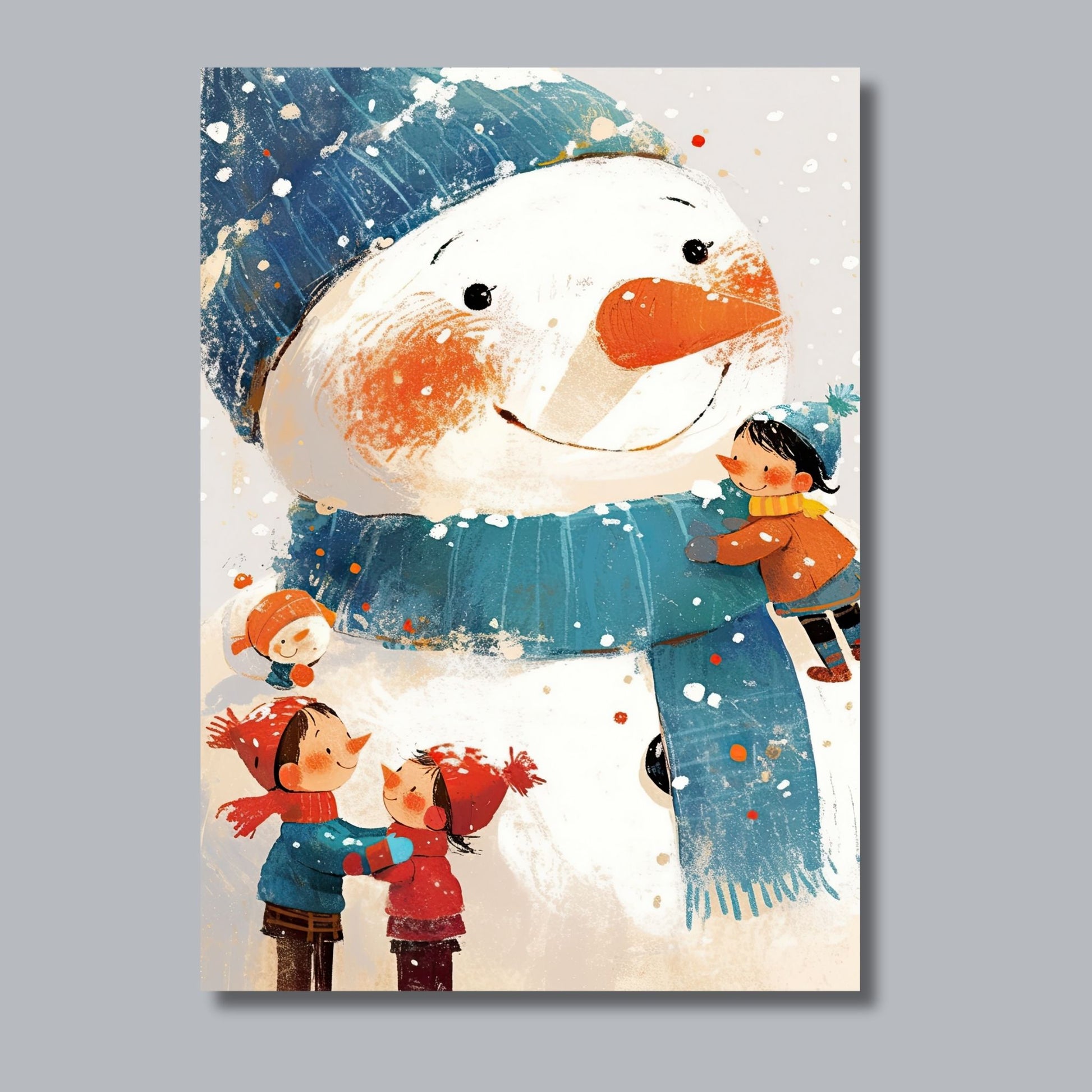  Denne sjarmerende illustrasjonen viser et koselig vinterøyeblikk der barn omfavner sin store, glade snømann, omgitt av snø og lek.  Illustrasjon viser motivetpå lerret.