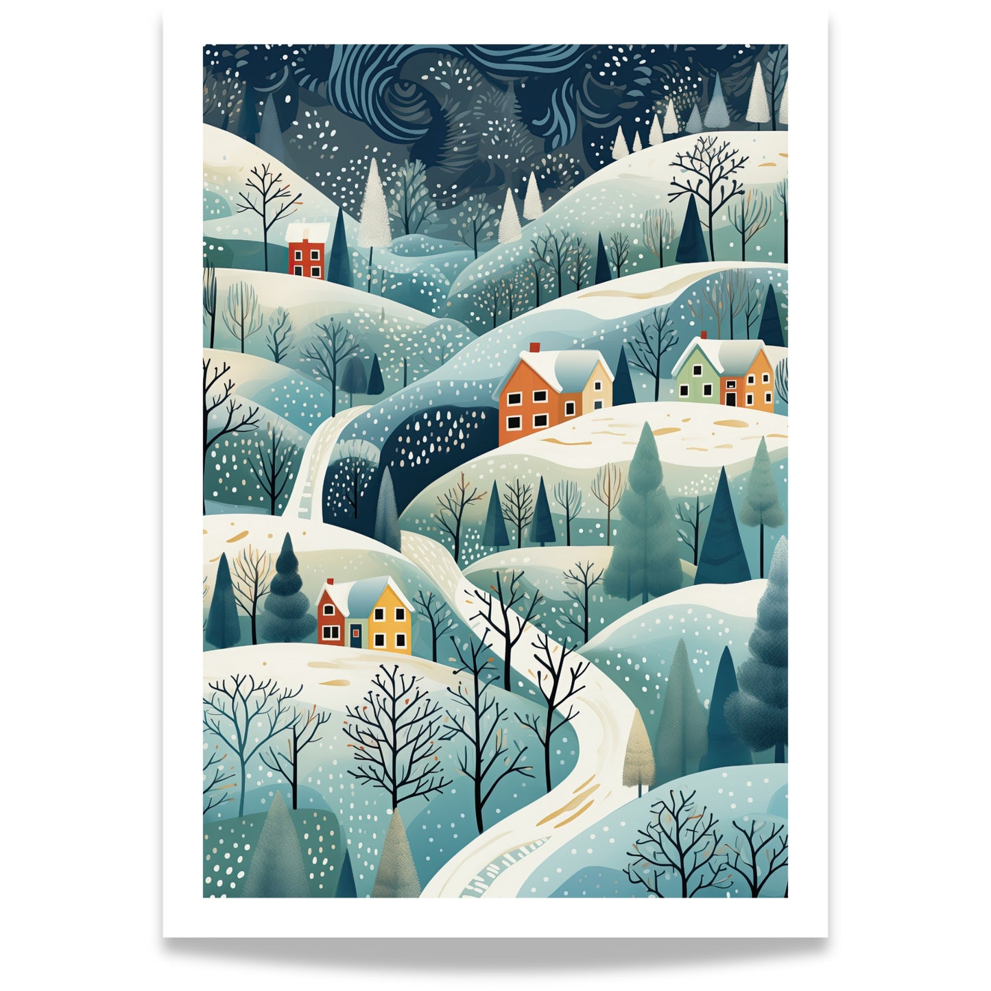 Et poetisk vinterlandskap med snøkledde åser og små, fargerike hus.