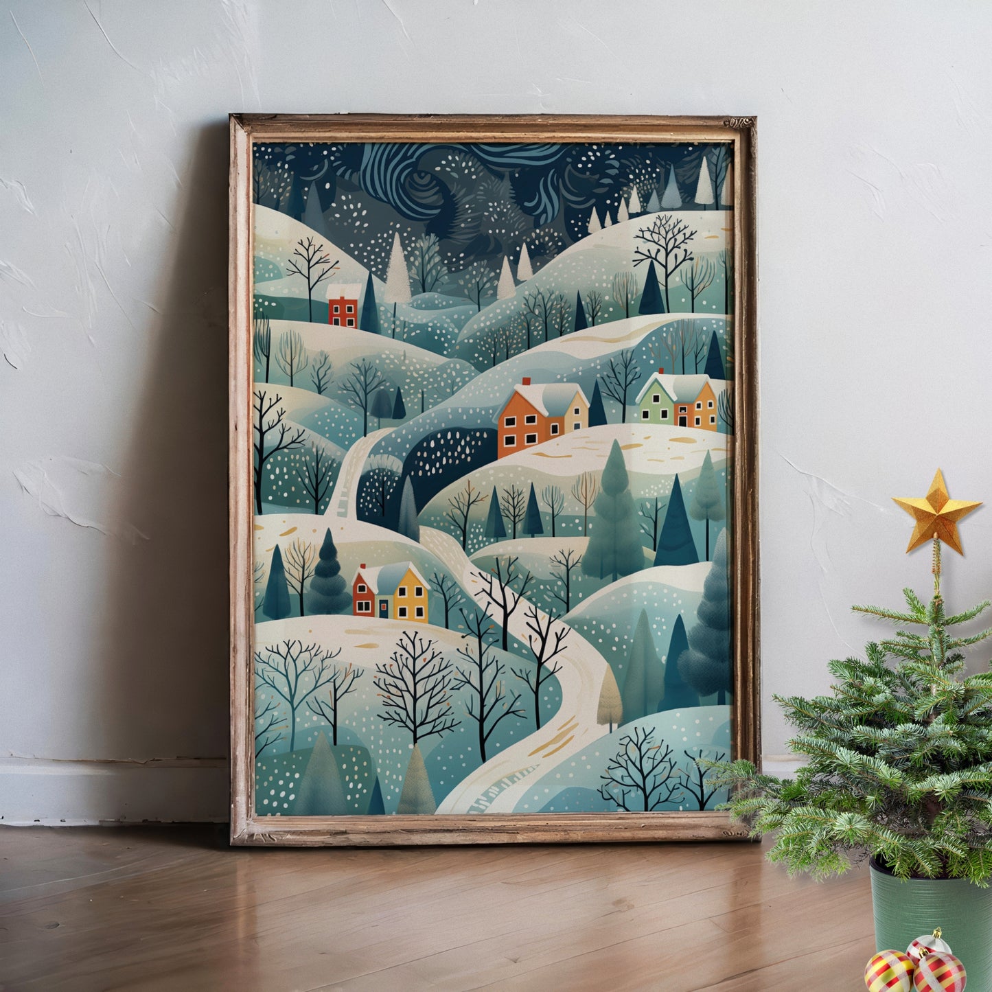 Et poetisk vinterlandskap med snøkledde åser og små, fargerike hus. Illustrasjon viser plakat uten hvit kantline i ramme.