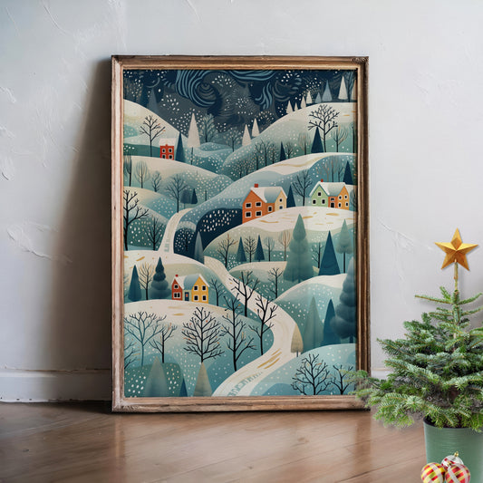 Et poetisk vinterlandskap med snøkledde åser og små, fargerike hus. Illustrasjon viser plakat uten hvit kantline i ramme.