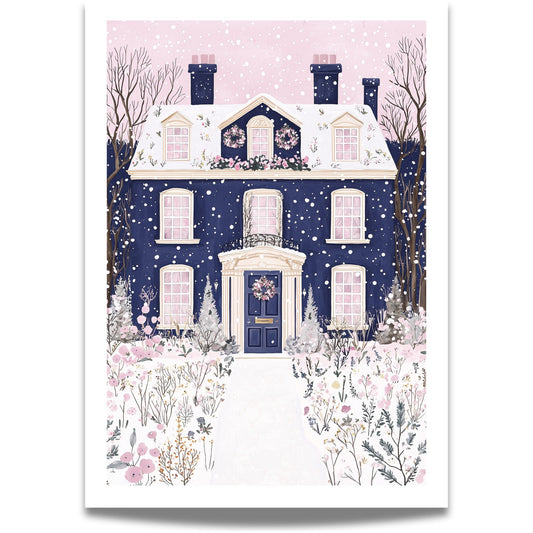 Snowy Manor House er en elegant kunstplakat og lerret som formidler vintersesongens ro og skjønnhet. 