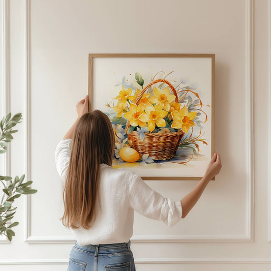 Skap en lun og solrik atmosfære med Solgul Påskekurv – Plakat. Et strålende motiv med påskeliljer og egg – ideelt for kjøkken, gang eller stue. Illustrasjon viser plakat i eik ramme.