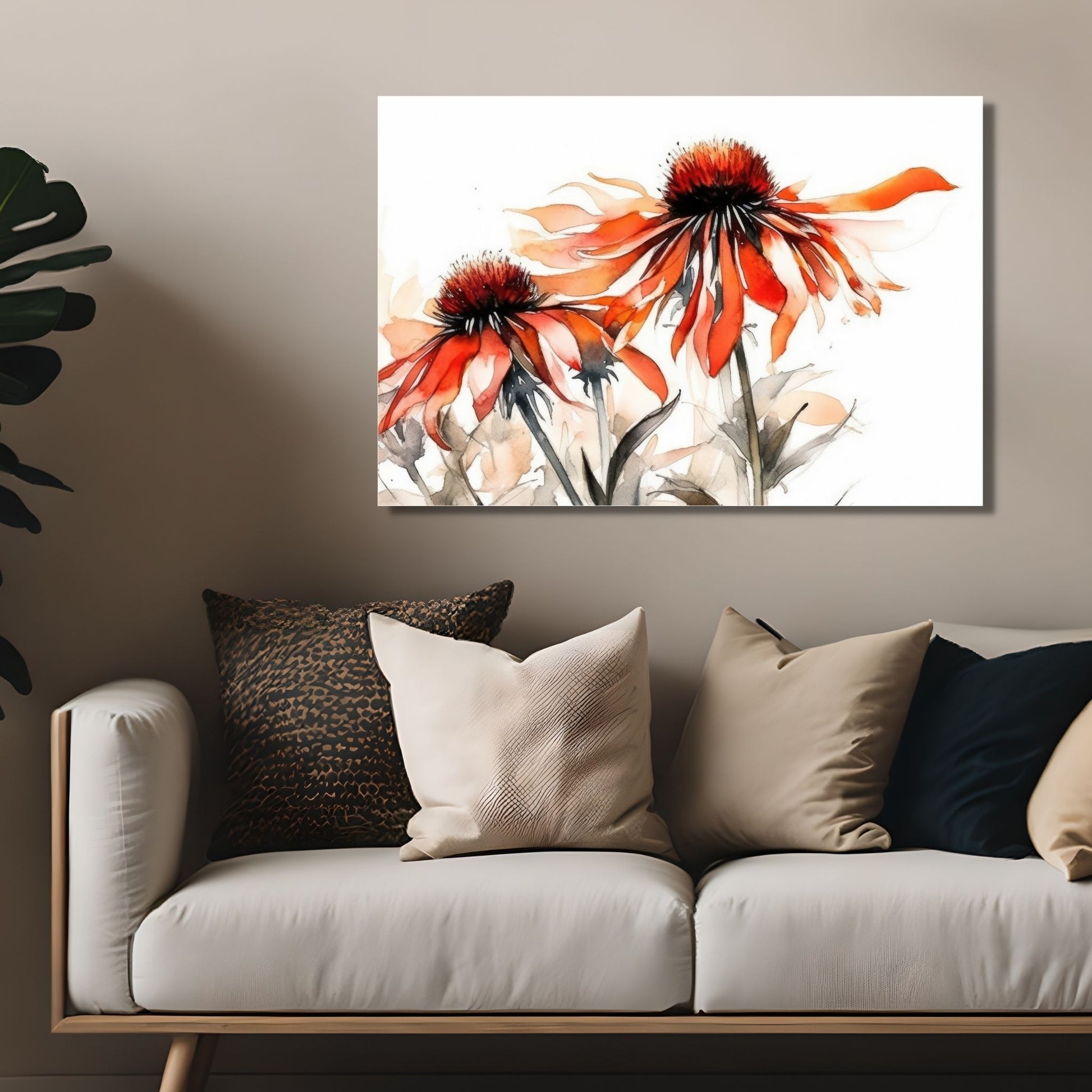 Nydelig abstrakt motiv av Solhattblomster. Blomstene er i rød-oransje nyanser. Dette er en grafisk fremstilling på plakat. På bildet henger plakaten over en sofa.