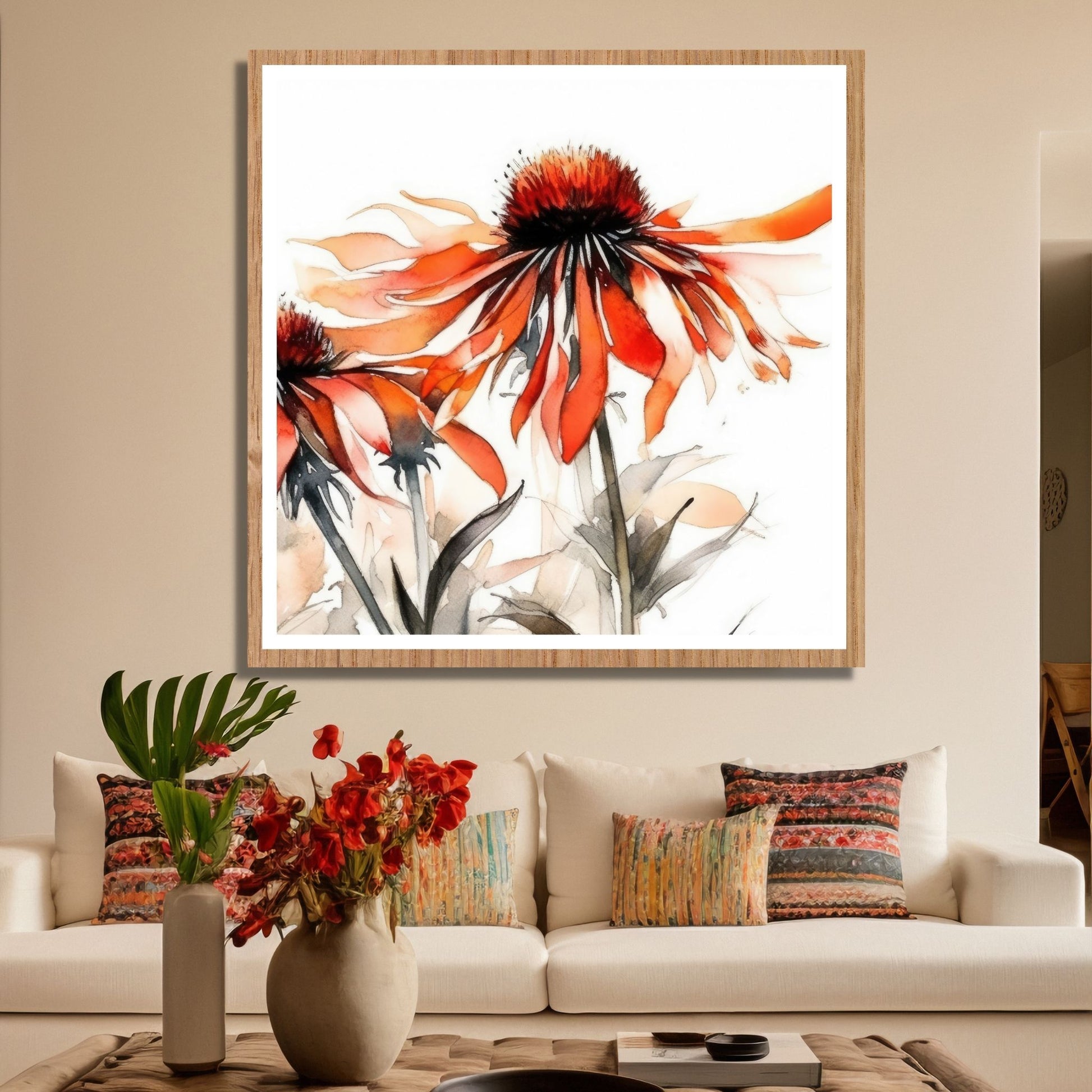 Nydelig abstrakt motiv av Solhattblomster. Blomstene er i rød-oransje nyanser. Dette er en grafisk fremstilling på plakat. På bildet henger plakaten over en sofa.