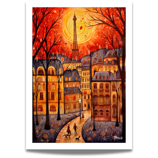 Gjør veggene dine romantiske med denne stemningsfulle Paris-plakaten med varme toner, Eiffeltårnet i sentrum og nostalgisk fransk arkitektur.