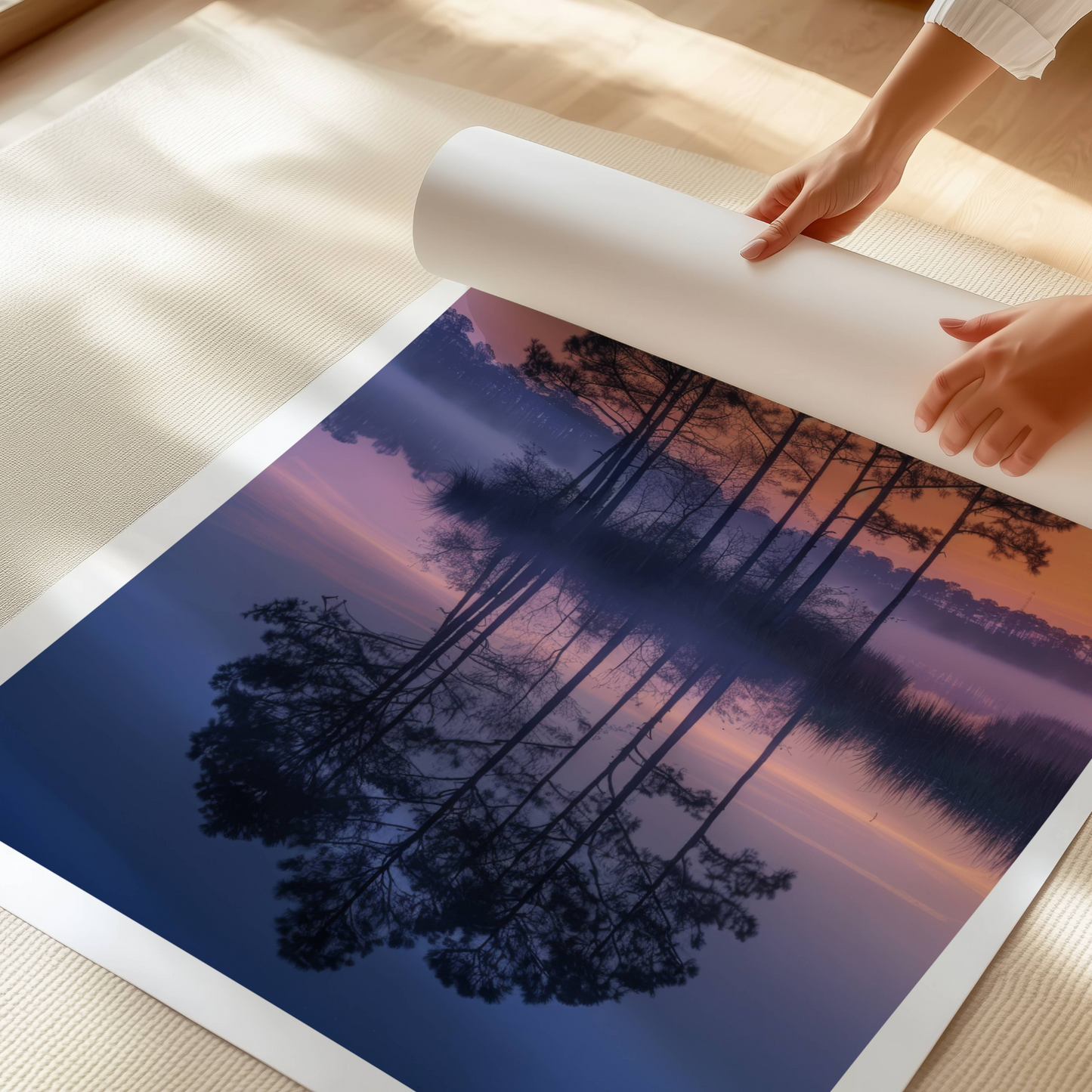 Dette harmoniske motivet fanger de tidlige morgentimene ved et stille vann, der furutrær speiler seg i det blikkstille vannet og himmelen gløder i varme pastelltoner. Illustrasjon viser motivet som plakat på print.