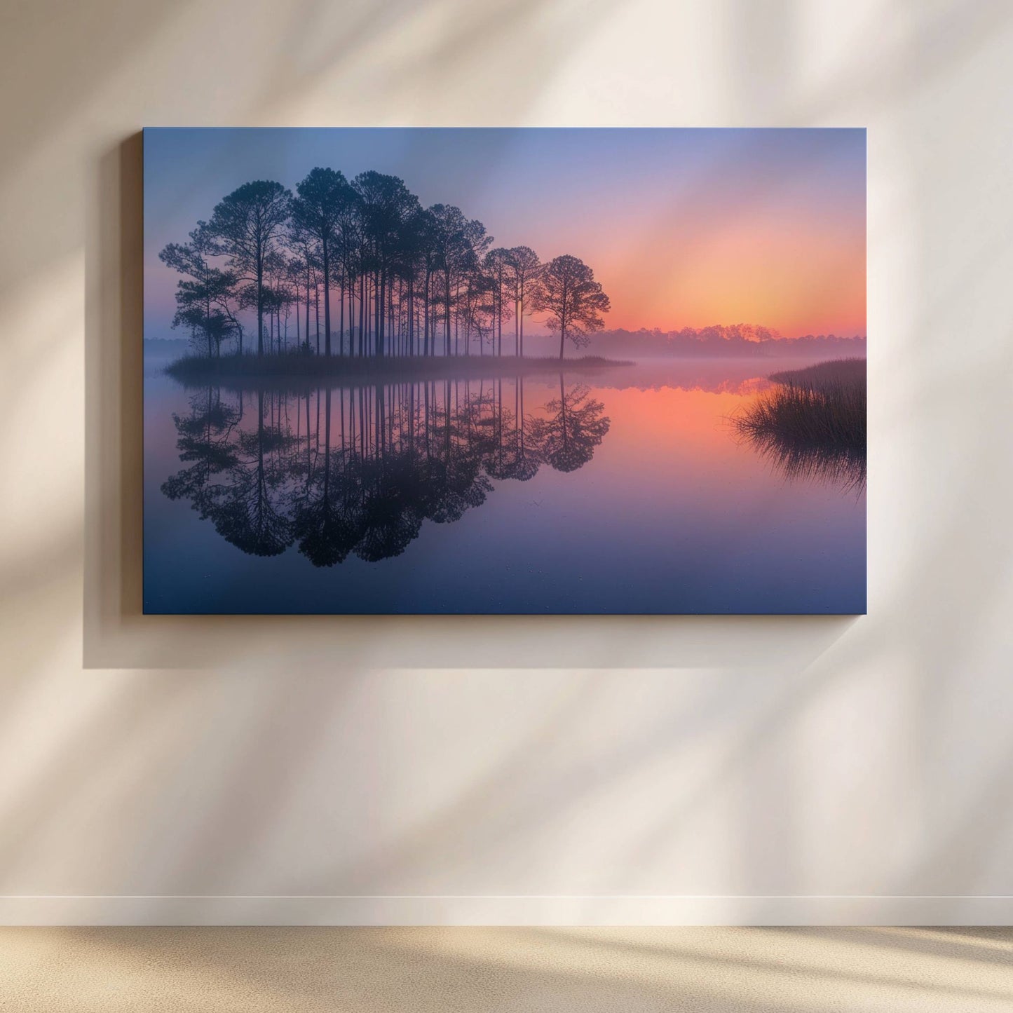Dette harmoniske motivet fanger de tidlige morgentimene ved et stille vann, der furutrær speiler seg i det blikkstille vannet og himmelen gløder i varme pastelltoner. Illustrasjonen viser motivet som plakat med passepartout ii eik ramme. Illustrasjon viser motivet på lerret.