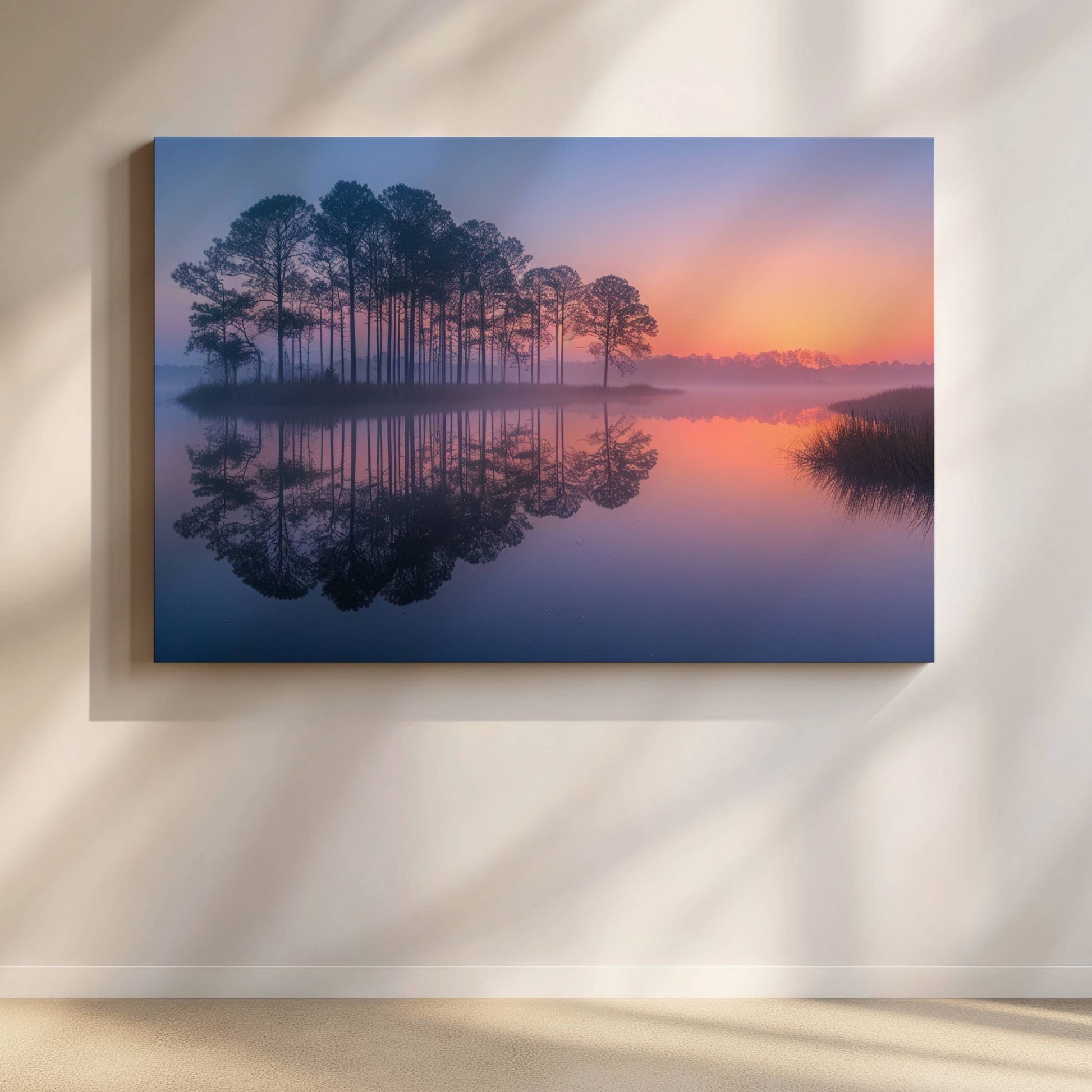 Dette harmoniske motivet fanger de tidlige morgentimene ved et stille vann, der furutrær speiler seg i det blikkstille vannet og himmelen gløder i varme pastelltoner. Illustrasjonen viser motivet som plakat med passepartout ii eik ramme. Illustrasjon viser motivet på lerret.