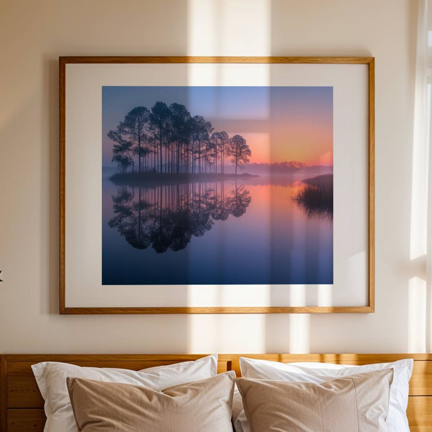 Dette harmoniske motivet fanger de tidlige morgentimene ved et stille vann, der furutrær speiler seg i det blikkstille vannet og himmelen gløder i varme pastelltoner. Illustrasjonen viser motivet som plakat med passepartout i eik ramme.