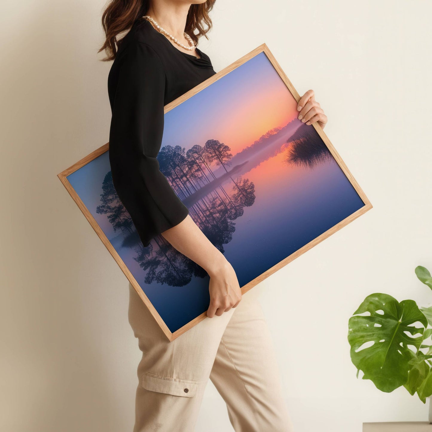 Dette harmoniske motivet fanger de tidlige morgentimene ved et stille vann, der furutrær speiler seg i det blikkstille vannet og himmelen gløder i varme pastelltoner. Illustrasjonen viser motivet som plakat uten hvit kantlinje i eik ramme.