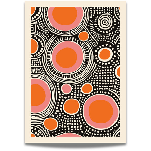Skap et rom med energi og balanse med Solpunkter – en moderne kunstplakat som kombinerer oransje og rosa sirkelmotiver med kontrastfylt sort og beige.