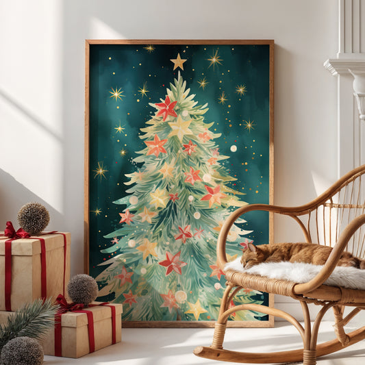 Et magisk juletre badet i stjernelys mot en dyp, blå nattehimmel – et motiv som fanger essensen av julens ro og undring. Illustrasjon viser plakat uten hvit kantlinje i ramme.