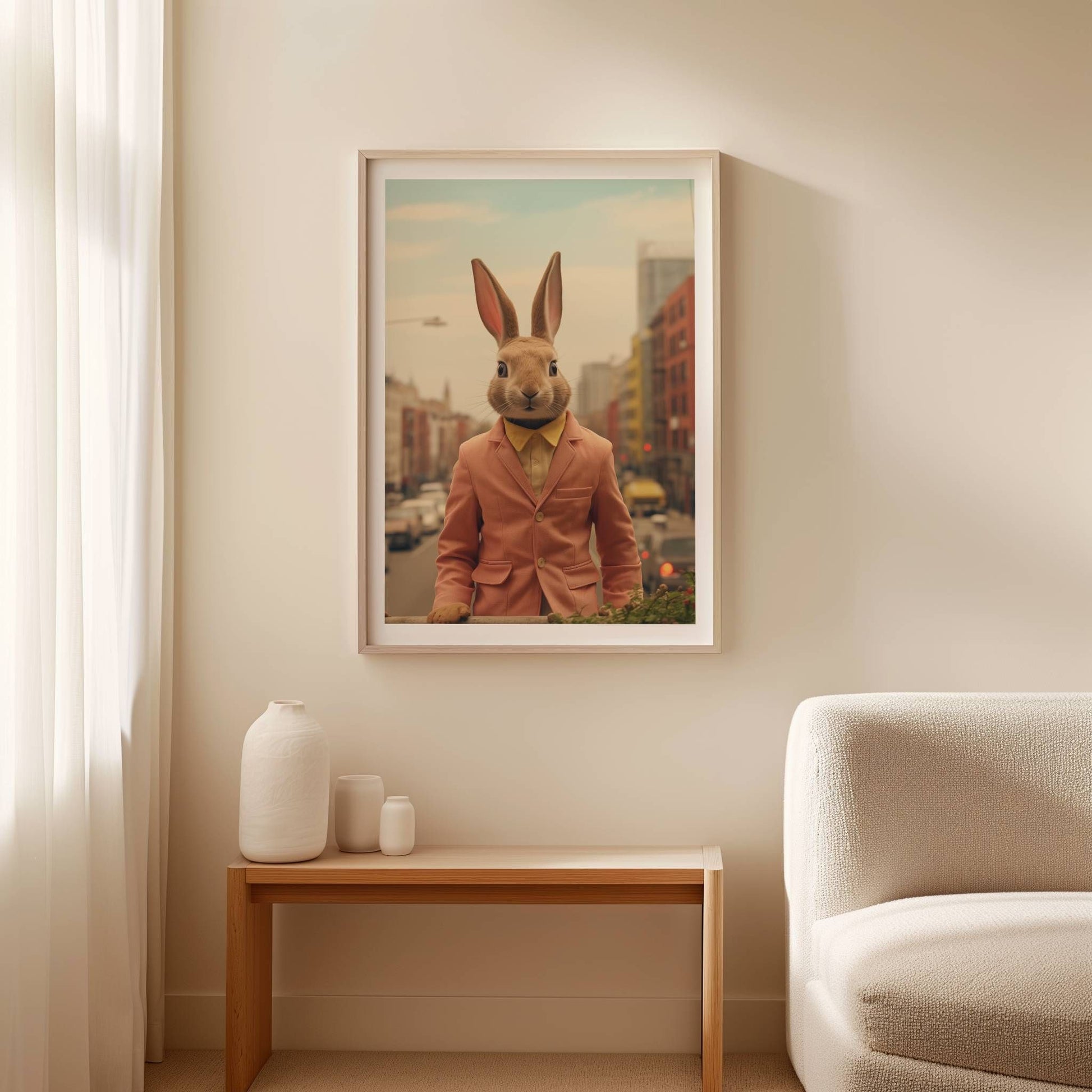 Kledd i en sofistikert ferskenfarget dress med en stilren gul skjorte, vandrer denne urbane påskeharen gjennom bygatene med uovertruffen selvtillit. Illustrasjon viser plakat med hvit kant i eik ramme.