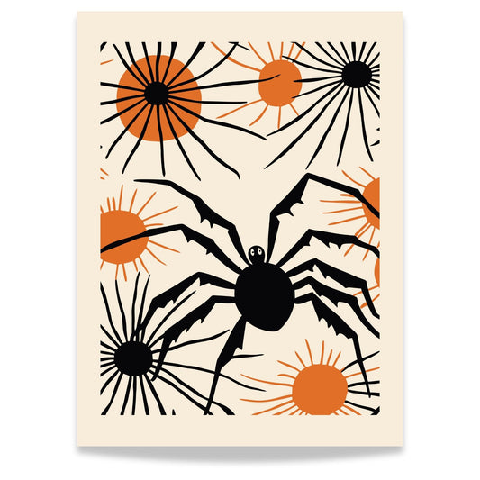 Legg til en unik touch i din Halloween-dekorasjon med vår Stilig Edderkoppplakat! Denne plakaten viser en stor svart edderkopp med skarpe ben, omgitt av oransje elementer som fremhever det skumle designet.