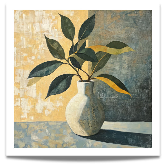 Med en elegant vase, grønne blader og et vakkert spill av lys og skygge, skaper dette kunstverket en rolig og harmonisk atmosfære i ethvert rom. 