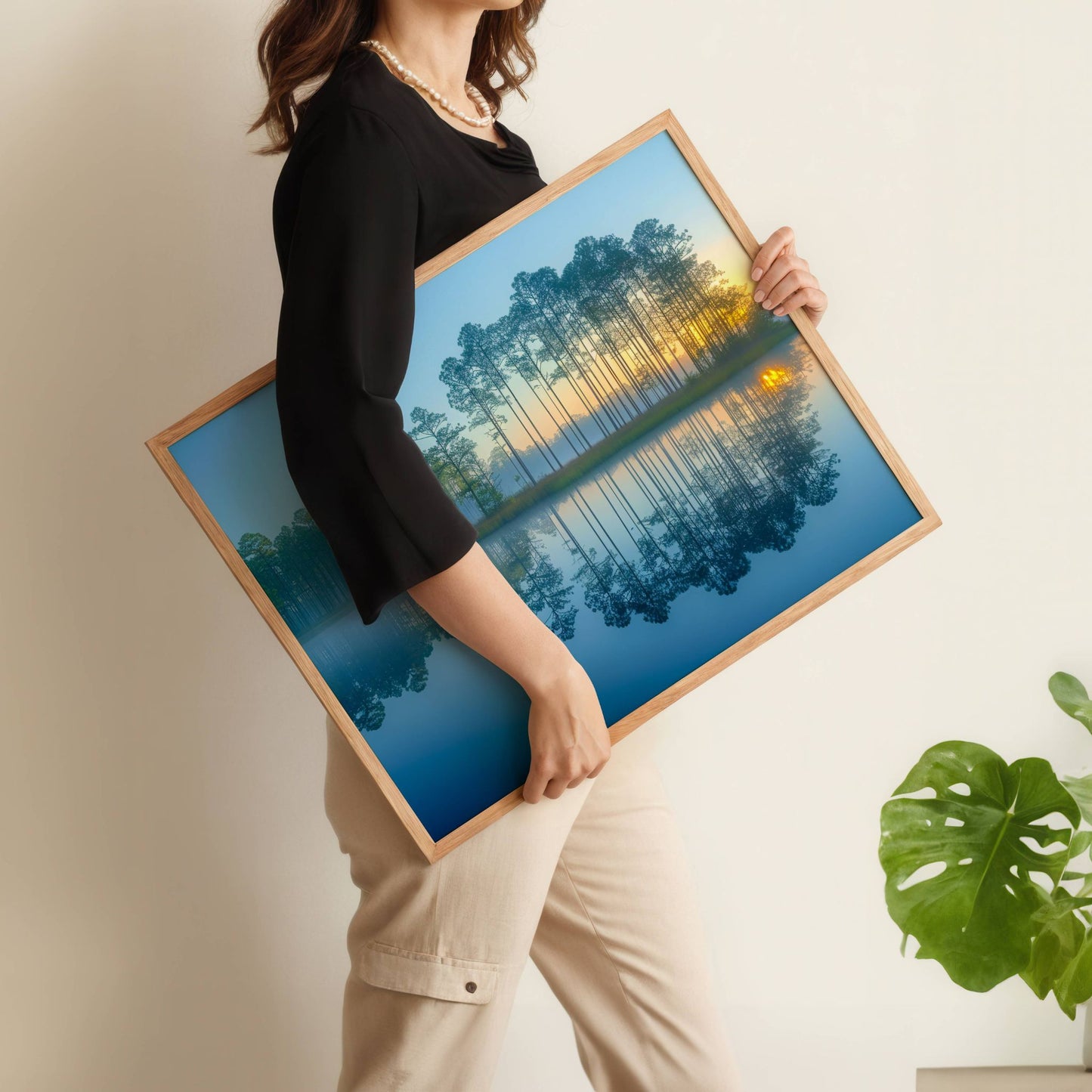 Bildet "Morgen over vannet" fanger de første solstrålene som bryter gjennom furutrærne og speiler seg i det stille vannet. Illustrasjon viser motivet som plakat uten hvit kantlinje i eik ramme.