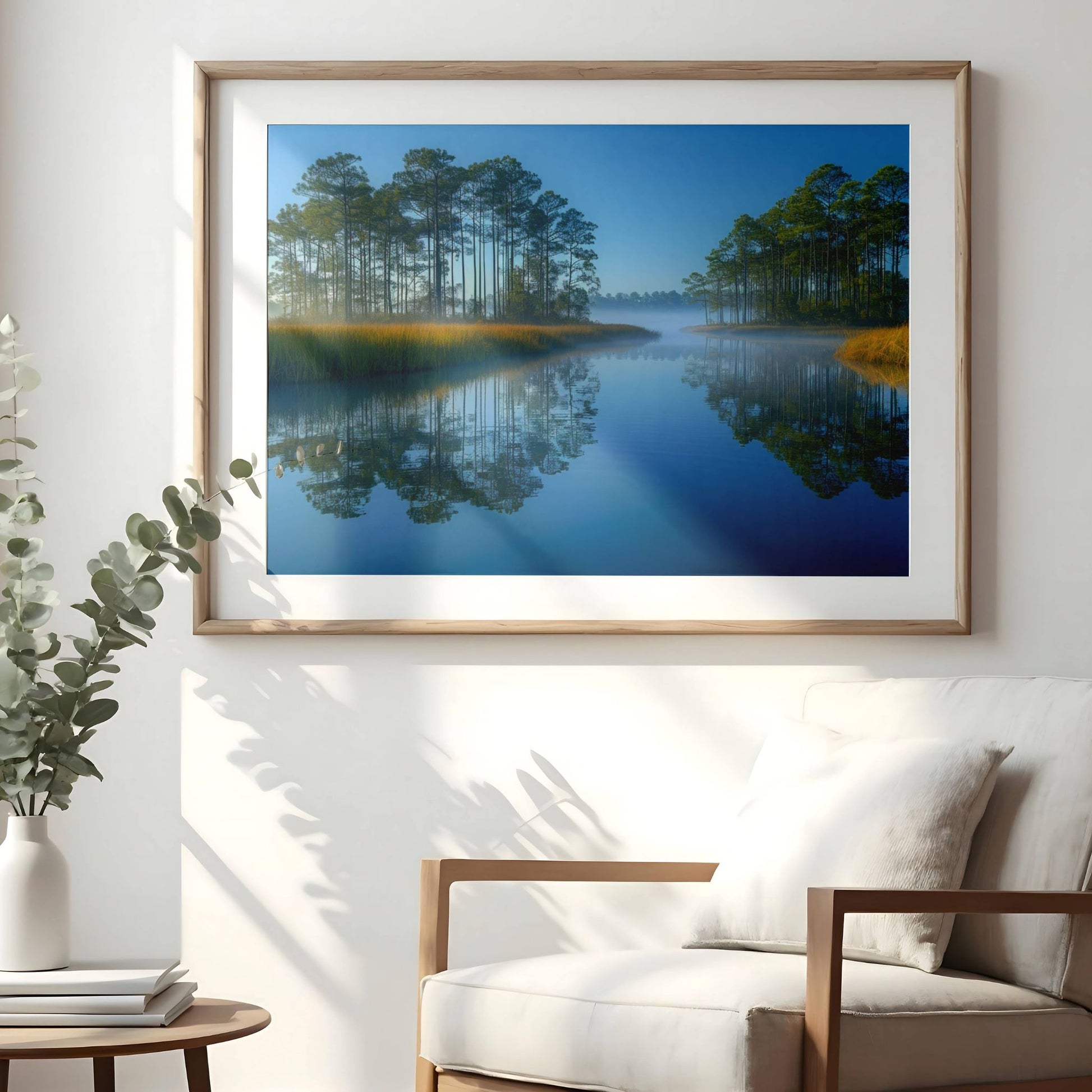 Stillhet ved elvemunningen&nbsp;er et harmonisk naturmotiv med myk tåke, speilbilde i vannet og varme siv i forgrunnen. Illustrasjon viser motivet som plakat med passepartout og eik ramme.