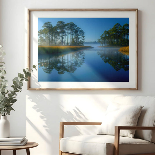 Stillhet ved elvemunningen&nbsp;er et harmonisk naturmotiv med myk tåke, speilbilde i vannet og varme siv i forgrunnen. Illustrasjon viser motivet som plakat med passepartout og eik ramme.