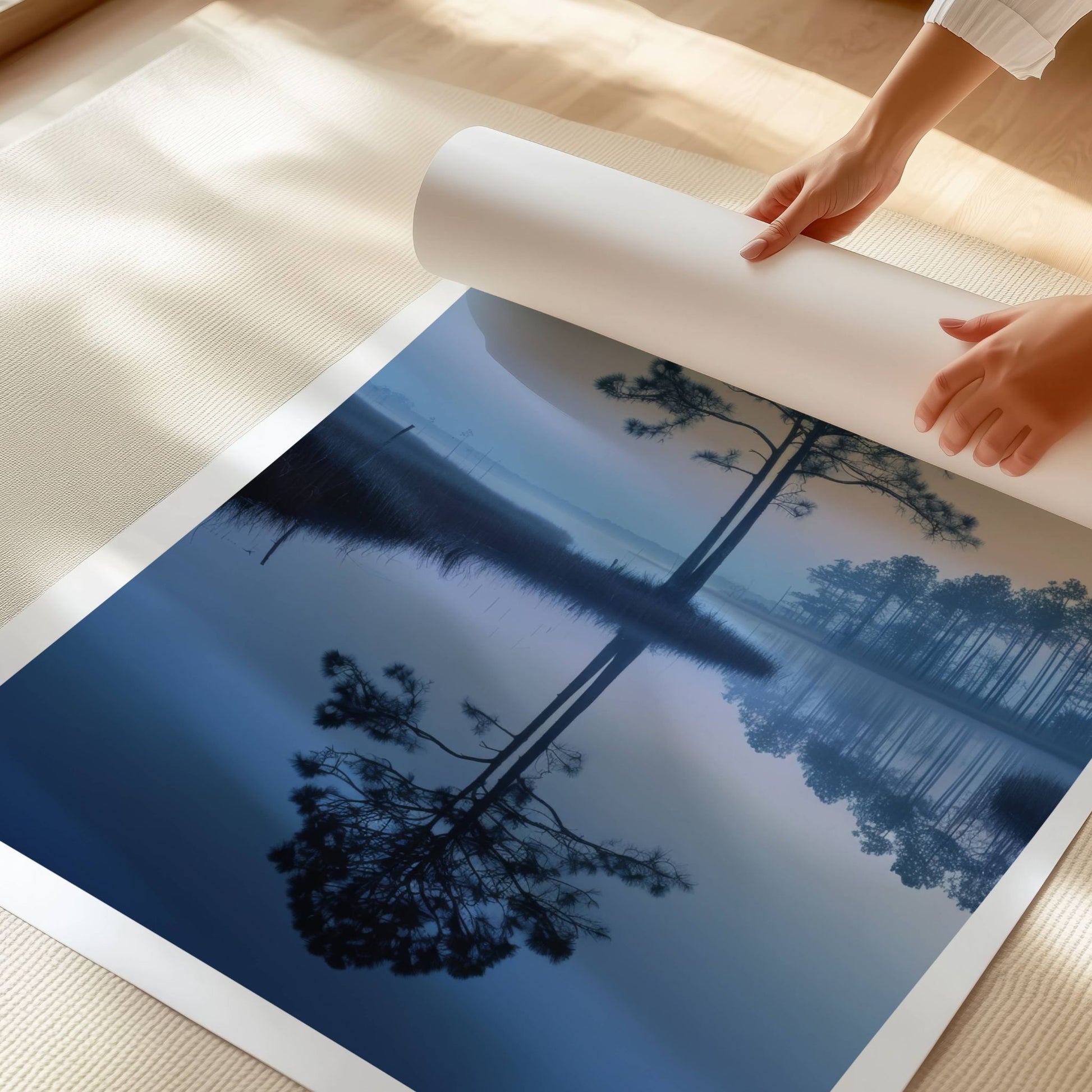 Stille Morgen - Ensom furu viser furutrær i silhuett, speilet i det stille vannet en tidlig morgen med myk soloppgang og lett tåke i horisonten. Illustrasjon viser motivet med hvit kantlinje på print.