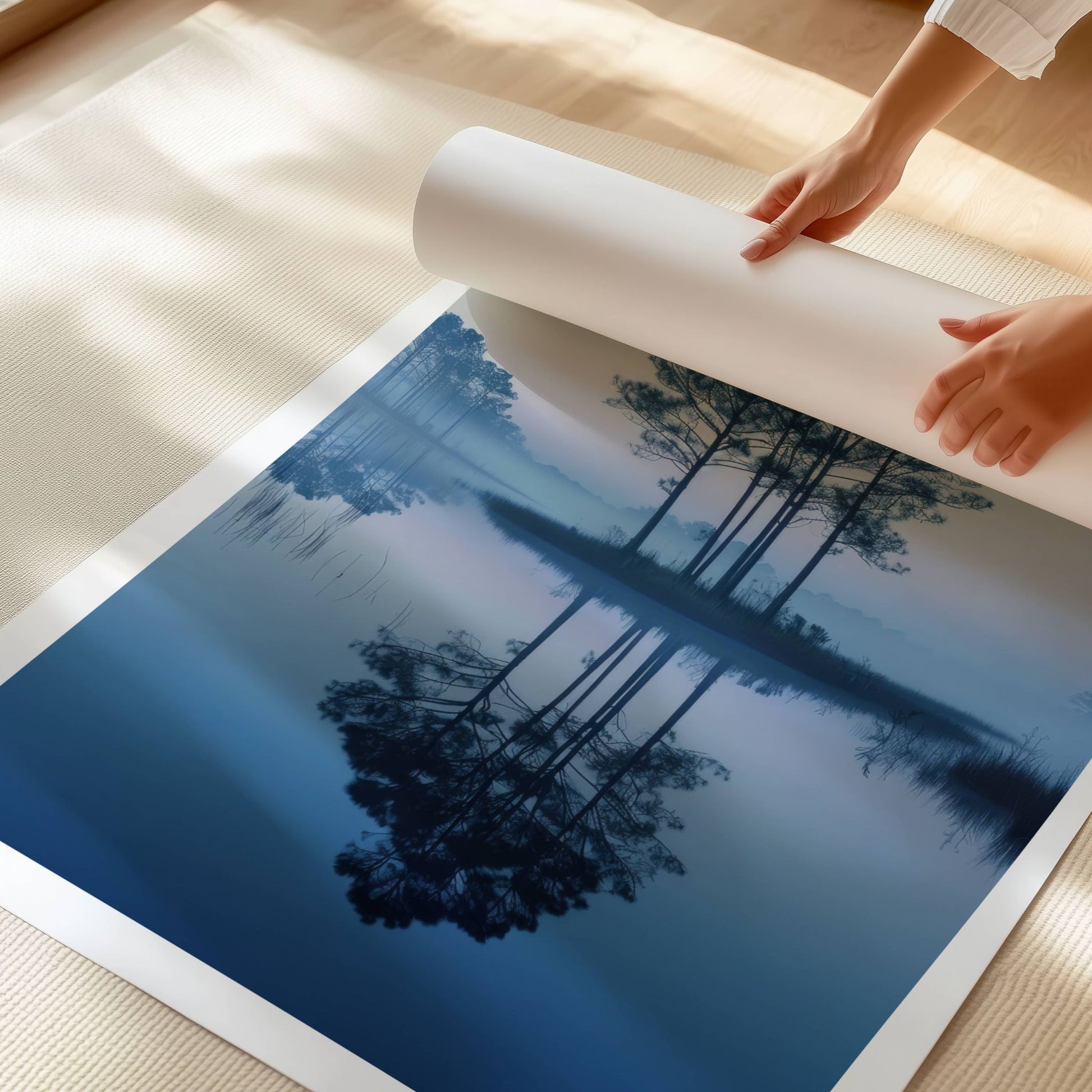 Stille Morgen - Tåkedis over vann viser furutrær i silhuett, speilet i det stille vannet en tidlig morgen med myk soloppgang og lett tåke i horisonten. Illustrasjon viser motivet som plakat med hvit kantlinje på print.