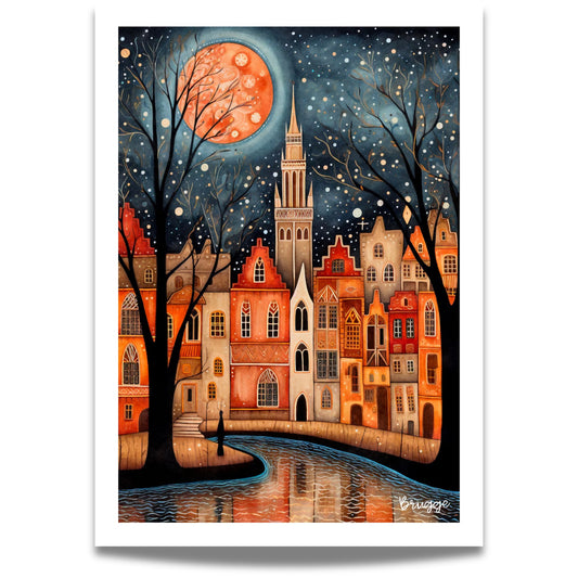 En magisk natt i Brugge med gotisk arkitektur og måneskinn speilet i kanalene.