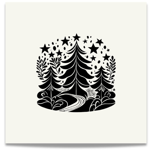Denne stilrene plakaten kombinerer tradisjonelle juleelementer med en minimalistisk designstil, som gir et moderne preg på klassiske julemotiver som juletrær og stjerner.