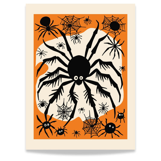 Halloween Edderkoppplakat! Denne livlige plakaten viser en stor, svart edderkopp omgitt av flere mindre edderkopper