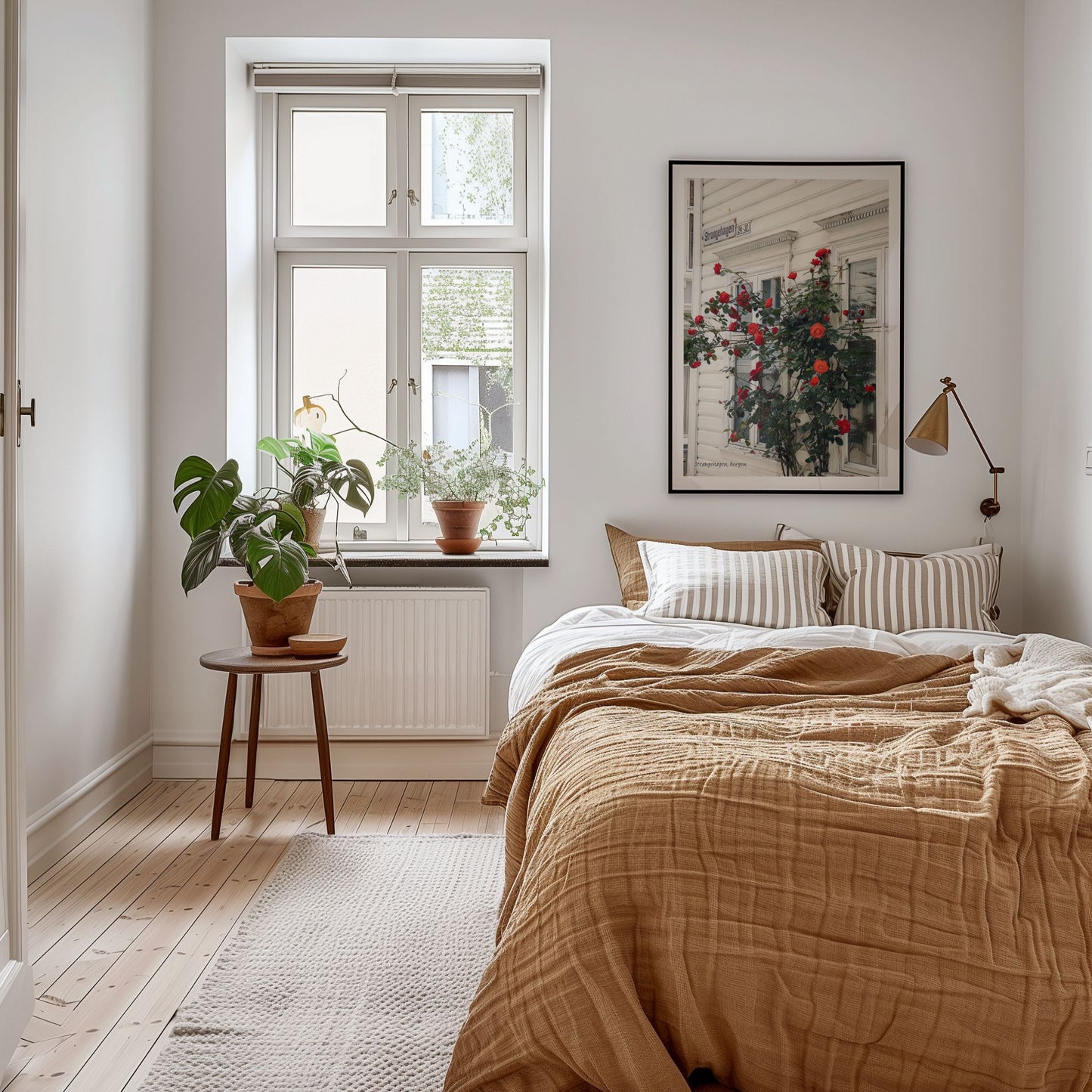 Strangehagen på Nordnes er kjent for sine idylliske trehus og fargerike blomster som rammer inn fasadene. Illustrasjon viser plakat i sort ramme.