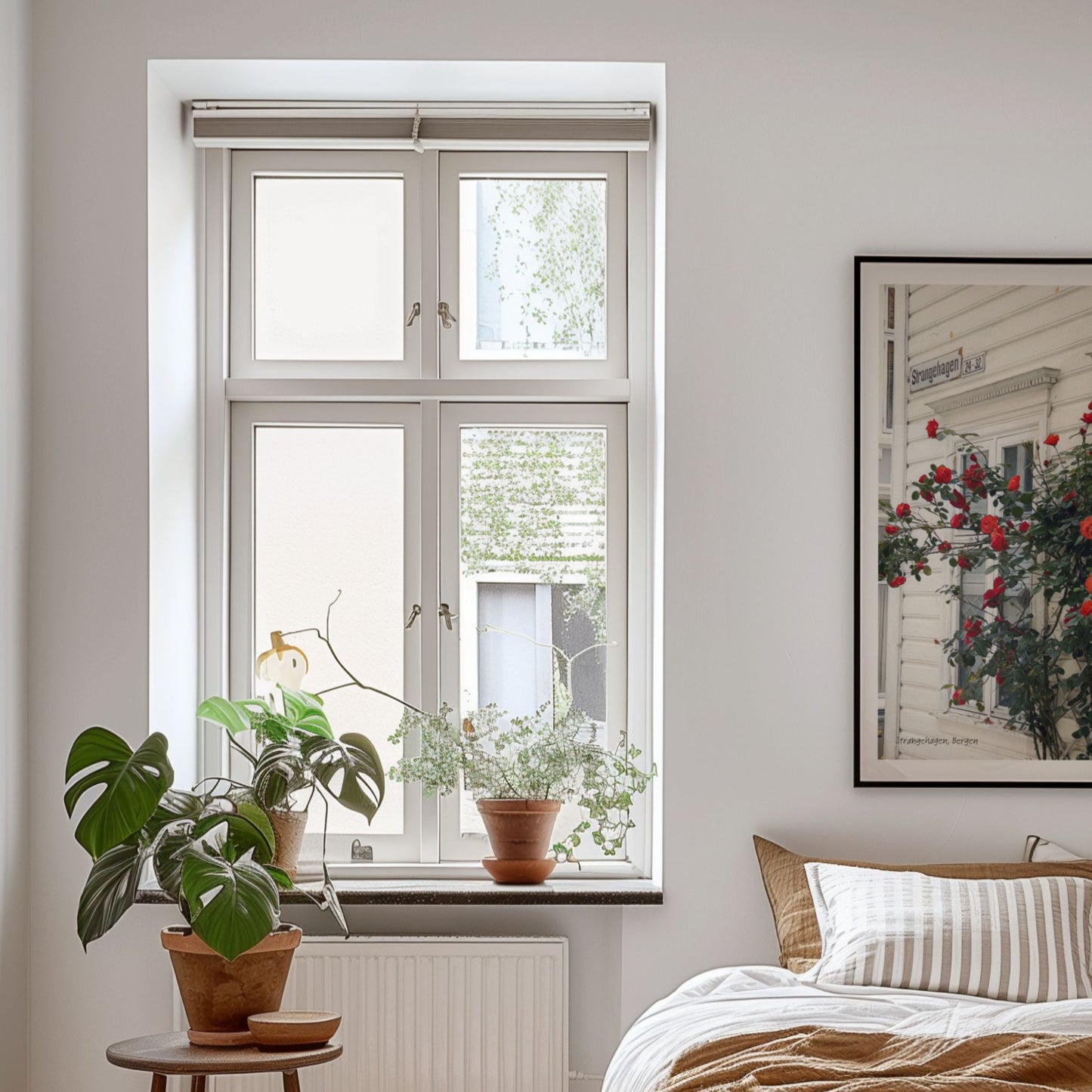 Strangehagen på Nordnes er kjent for sine idylliske trehus og fargerike blomster som rammer inn fasadene. Illustrasjon viser plakat i sort ramme.