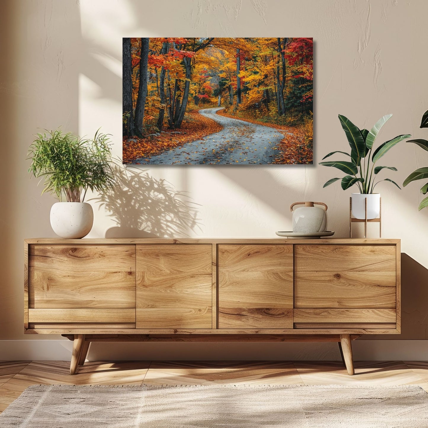 Dette kunstverket viser en naturskjønn skogsvei som bukter seg gjennom et fargerikt høstlandskap.  Miljøfoto viser motivet på lerret.