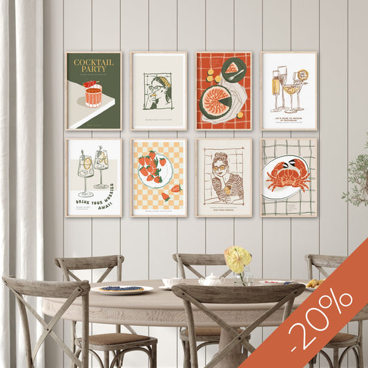 Sweet Savory Collection. En smakfull miks av jordbær, sjømat, kaker og drikke – balansert mellom det søte og det salte. Et levende galleri med varme farger og en nostalgisk stemning. 