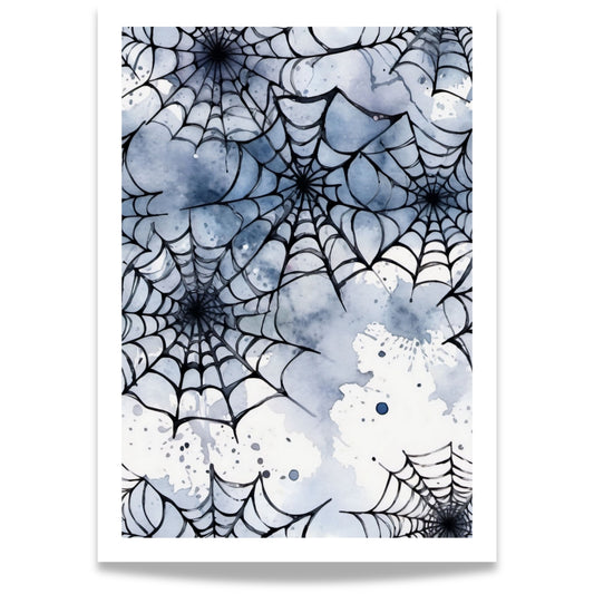 “Tangled Webs” er en kunstnerisk samling av flere edderkoppnett i sort blekk og blåtoner.