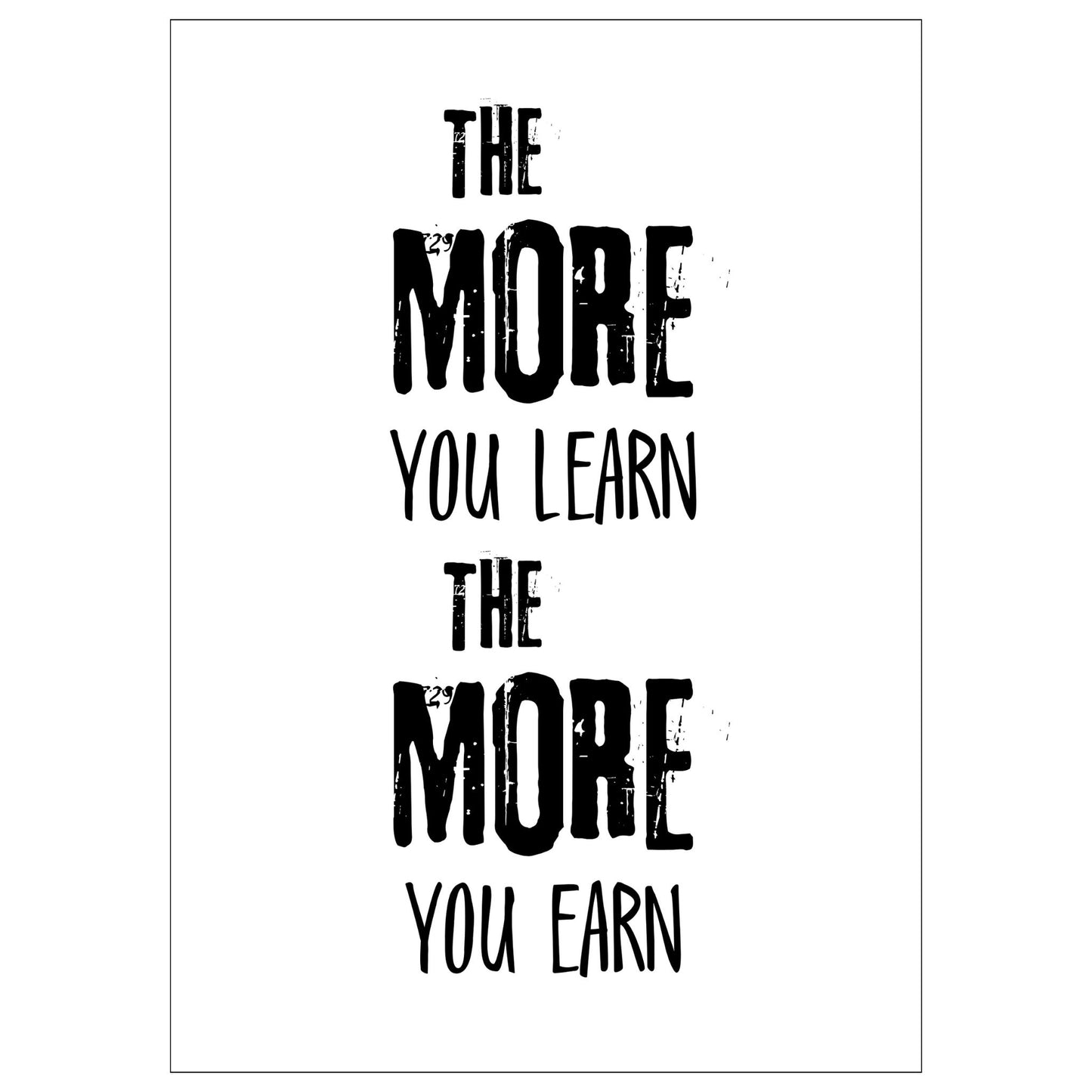 Grafisk tekstplakat med sort skrift på hvit bakgrunn og tekst "The more yoy learn, the more you learn".