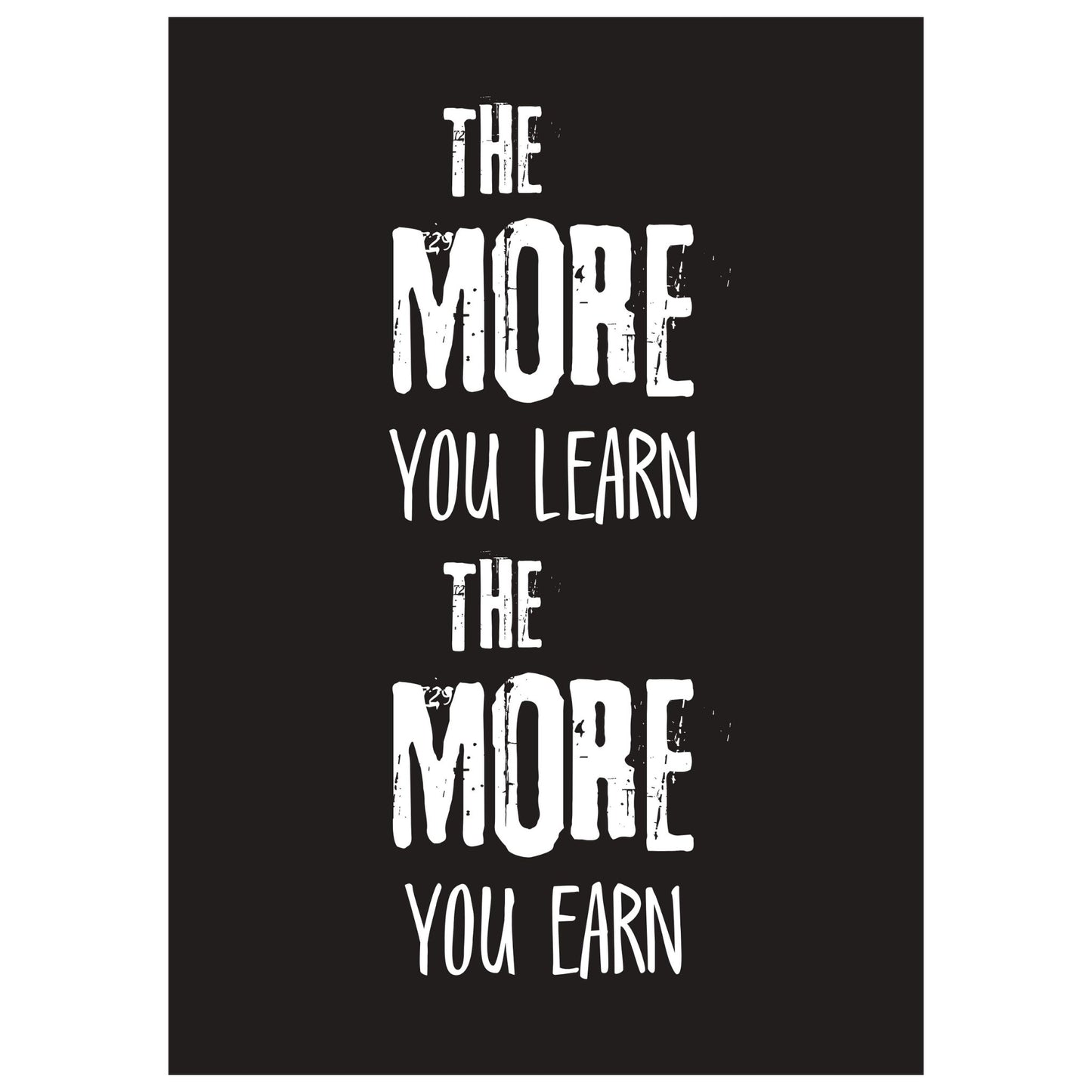 Grafisk tekstplakat med hvit skrift på sort bakgrunn og tekst "The more yoy learn, the more you learn". 
