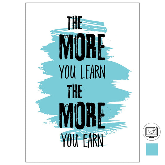 Grafisk tekstplakat med sort skrift på hvit og blå bakgrunn og tekst "The more yoy learn, the more you learn".