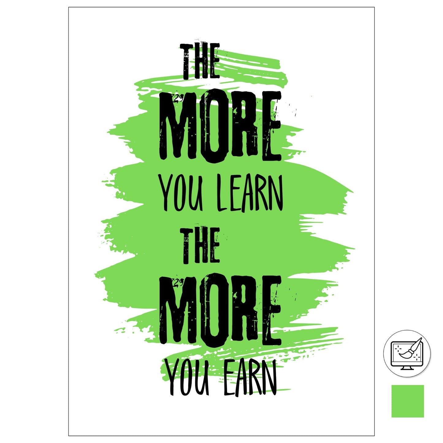 Grafisk tekstplakat med sort skrift på hvit og grønn bakgrunn og tekst "The more yoy learn, the more you learn".