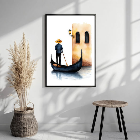Med en ensom gondolier mot bakgrunnen av sjarmerende italiensk arkitektur, formidler denne plakaten essensen av romantikk og kultur i hjertet av Venezia. Illustrasjonsfoto viser plakat i sort ramme.