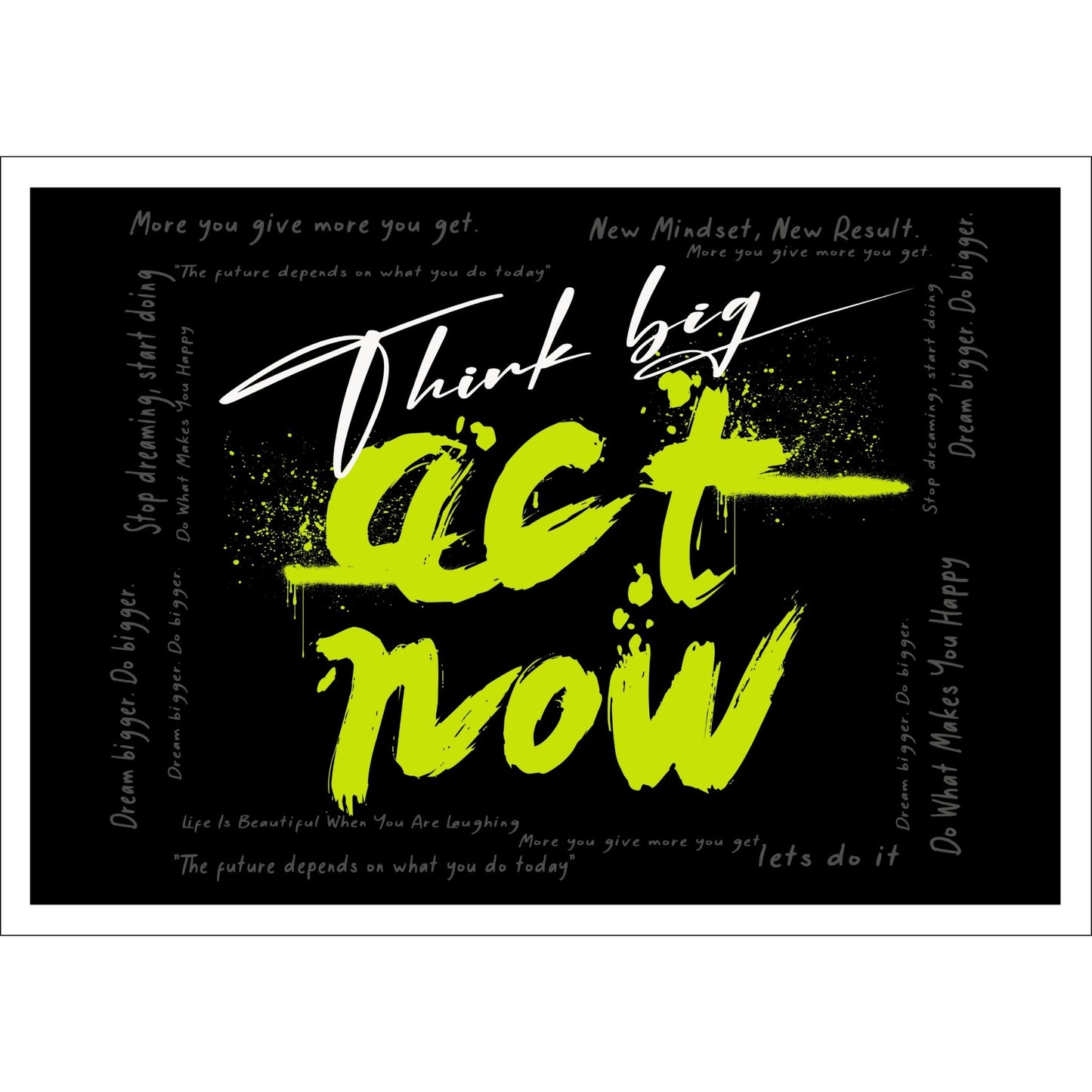 Dette unike kunstverket kombinerer en moderne graffiti stil med et sterkt budskap, "Think Big - Act Now", som er designet for å inspirere og oppmuntre deg til handling.