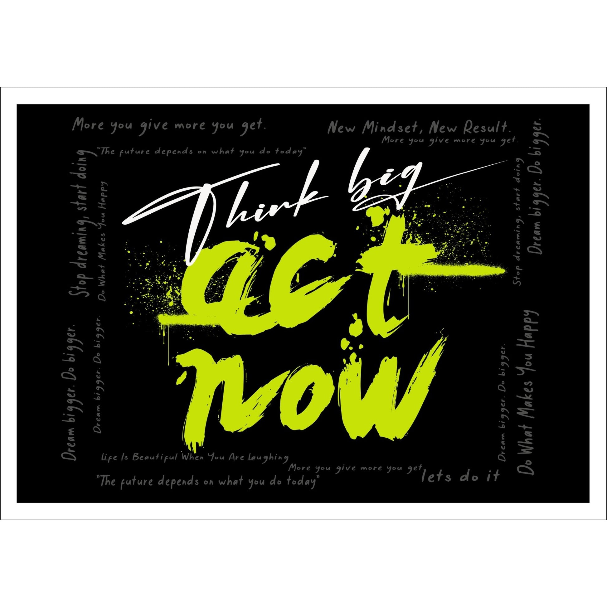Dette unike kunstverket kombinerer en moderne graffiti stil med et sterkt budskap, "Think Big - Act Now", som er designet for å inspirere og oppmuntre deg til handling.