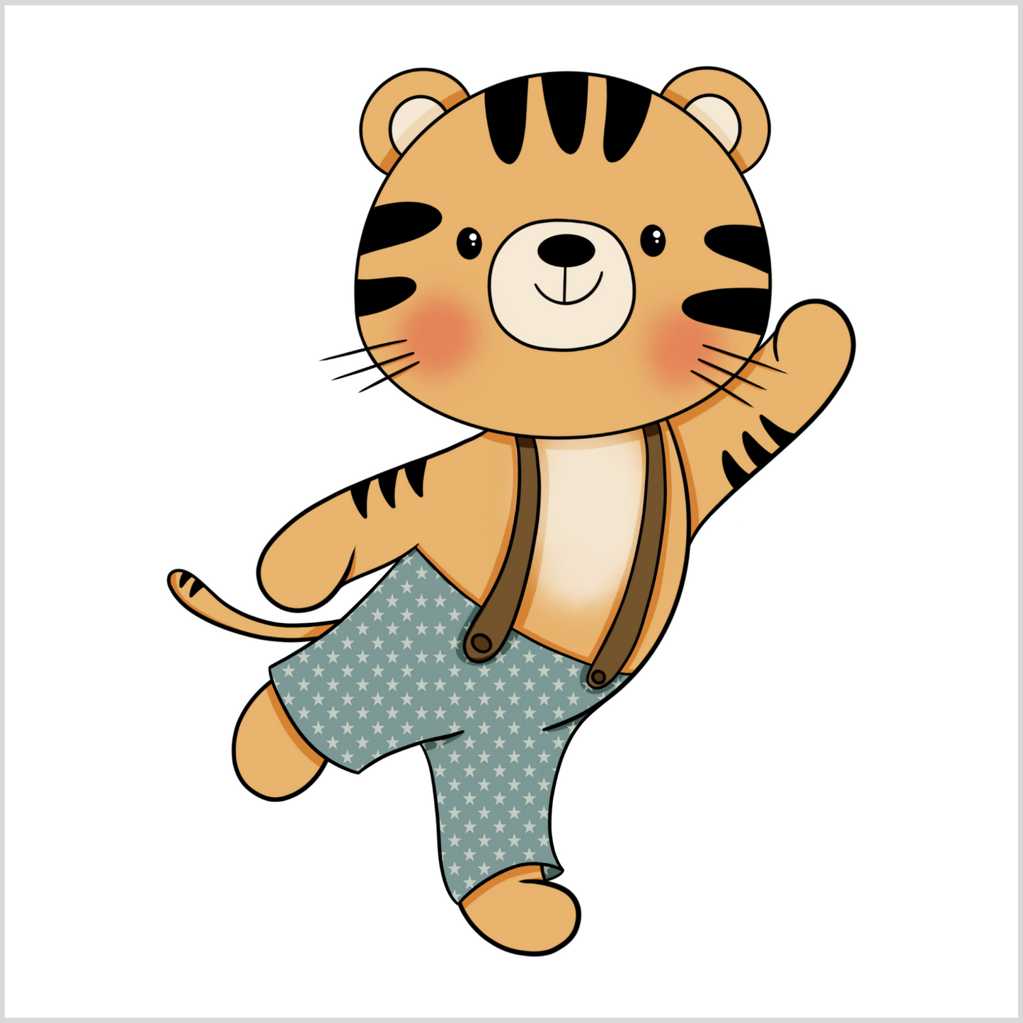 Grafisk illustrasjon av en tiger-gutt som vinker. Han har på grønn bukse med hvite stjerner og bukseseler. 